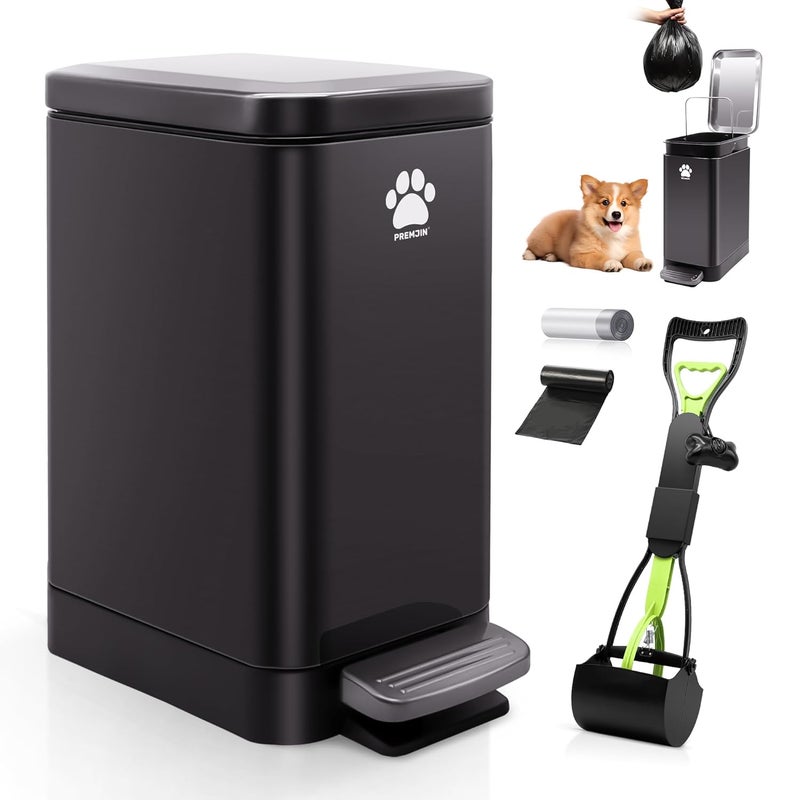 PREMJIN Dog Poop Trash Can Outside with Poop Scooper for Dogs, 12L/3.2Gal Metal Outdoor Garbage Can with Lid Suitable for Small, Medium and Large Dogs (Tungsten Steel) - Image 1